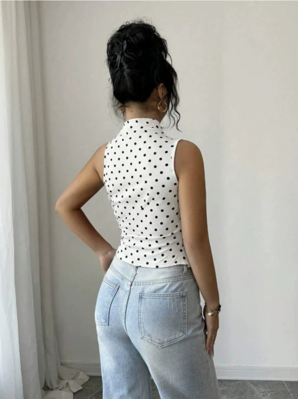 ZARA Y2K Polka Dot Mock Neck Twist Knot Halter Top Slim Fit
